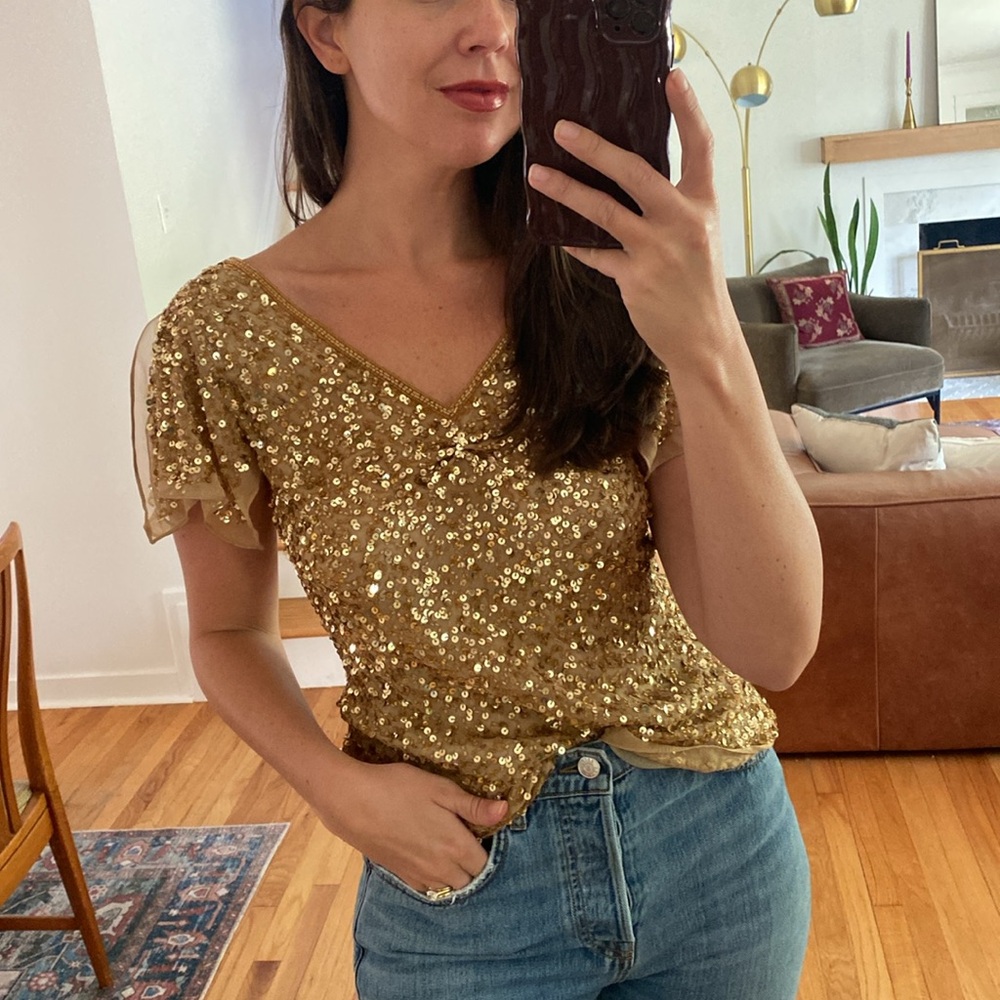 Vintage Y2K gold beaded sequin going out top